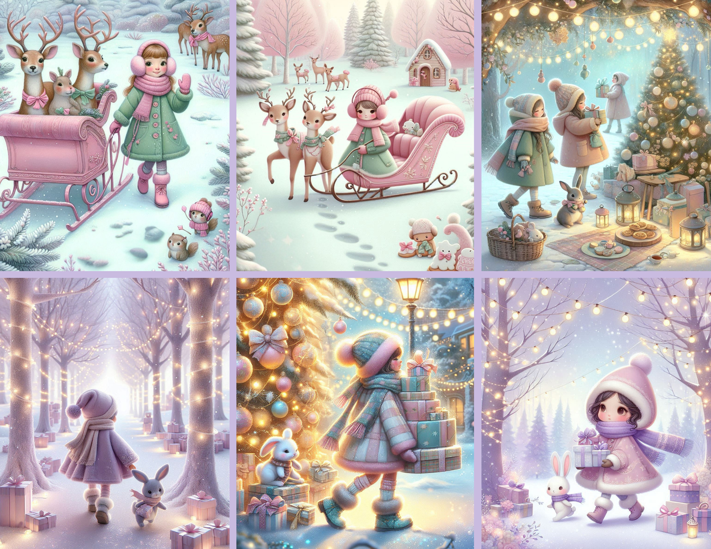 Winter Whimsy Background Paper Kit – Soft Lavender Forest & Gift-Gathering Girl (Physical)