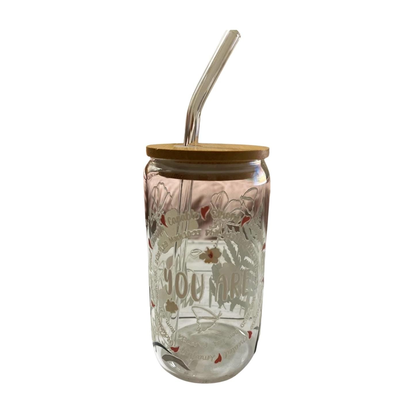 Glass Tumbler with Bamboo Lid and Clear Straw- You are capable, strong