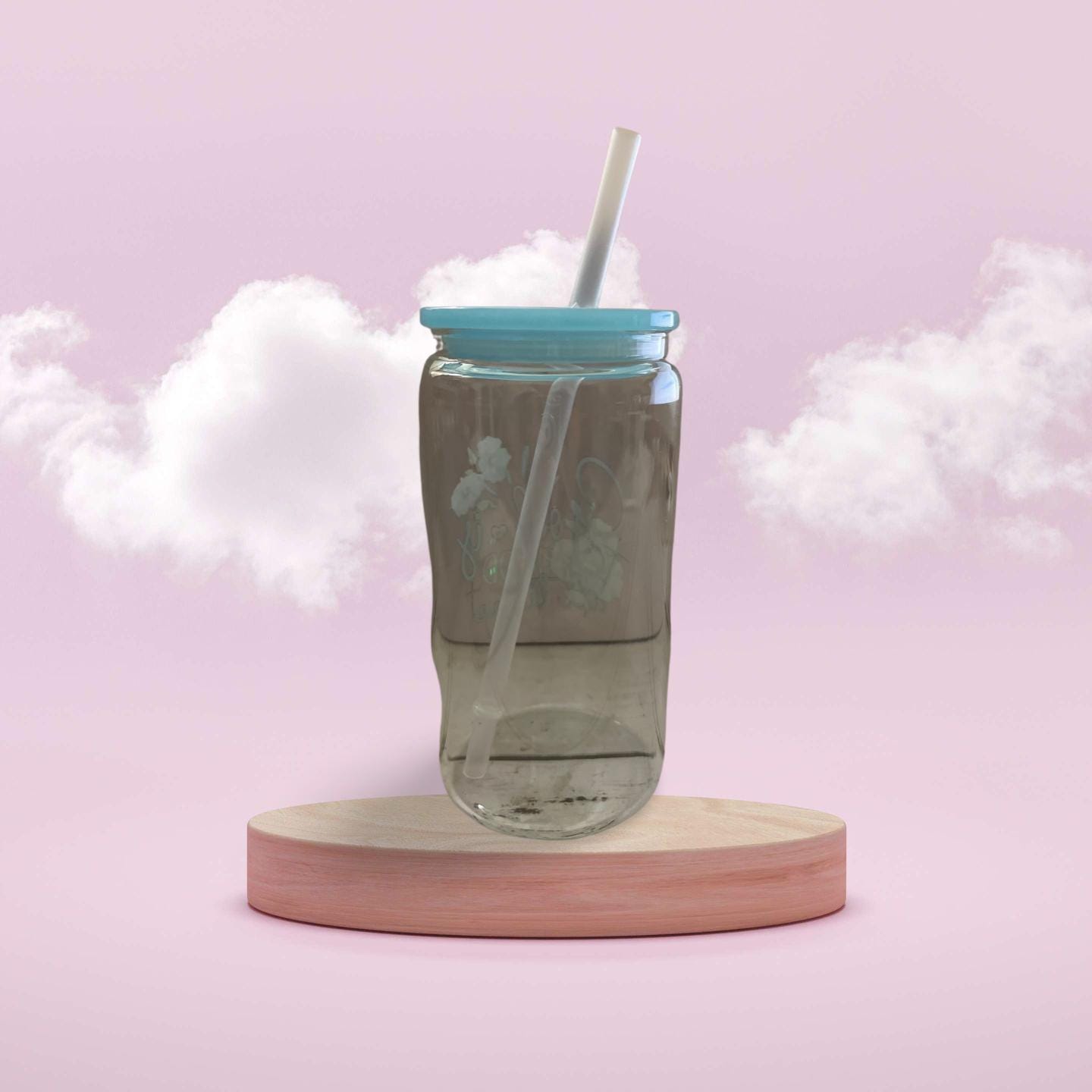 Glass Tumbler with blue Lid and plastic Straw
