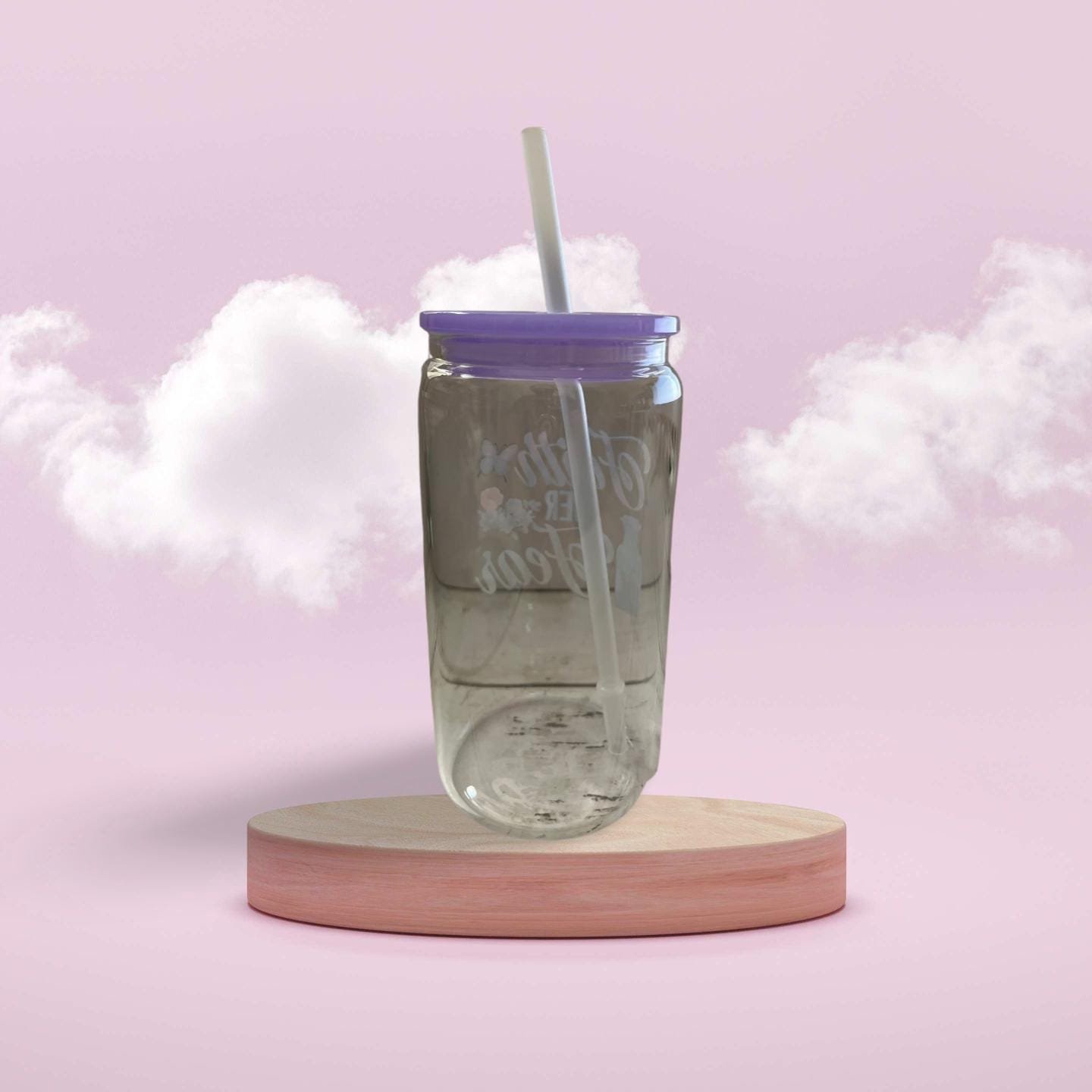 Glass Tumbler with Purple lid and plastic Straw