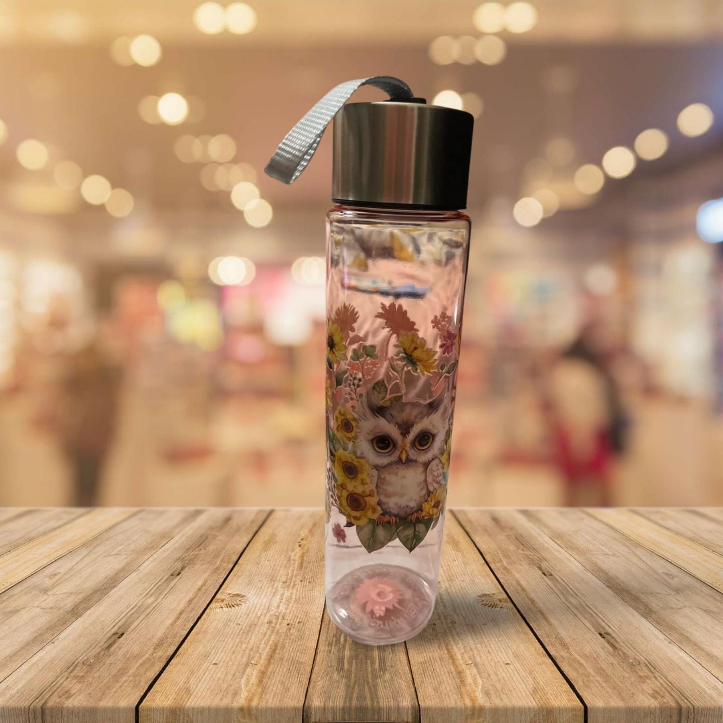 Chic Hydration: 18 oz Clear Pink Plastic Water Bottle- owl 3