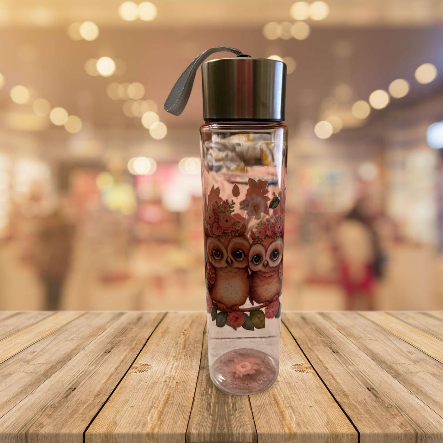 Chic Hydration: 18 oz Clear Pink Plastic Water Bottle- Owl 6