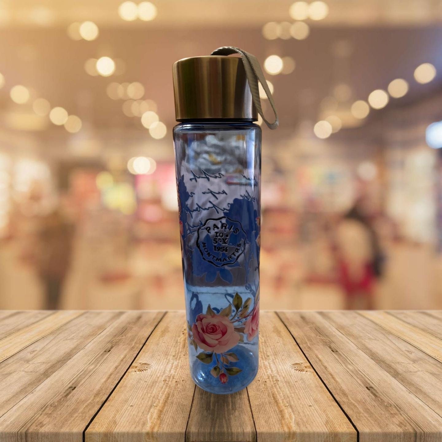 Chic Hydration: 18 oz Clear Blue Plastic Water Bottle- Love
