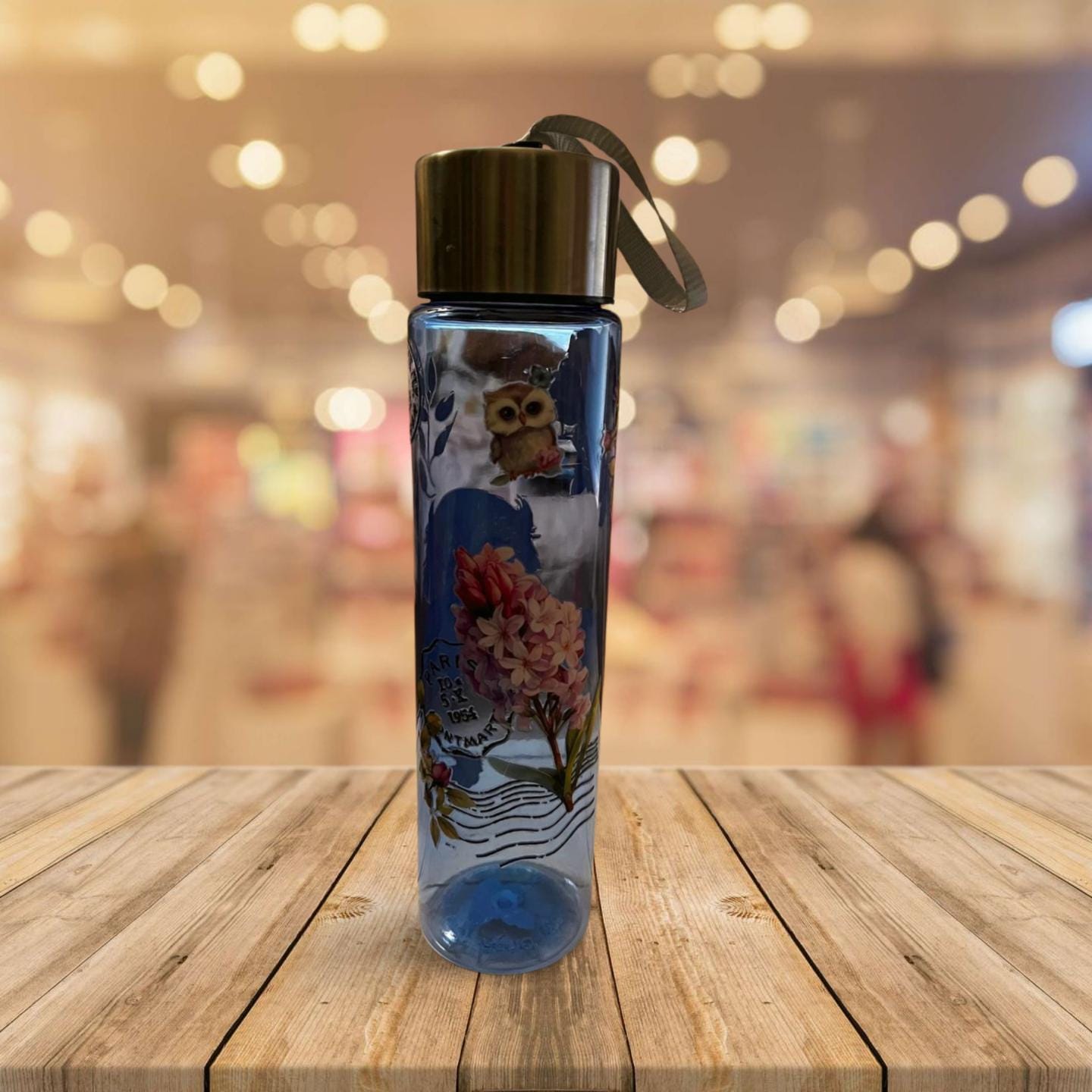 Chic Hydration: 18 oz Clear Blue Plastic Water Bottle - Owl 1