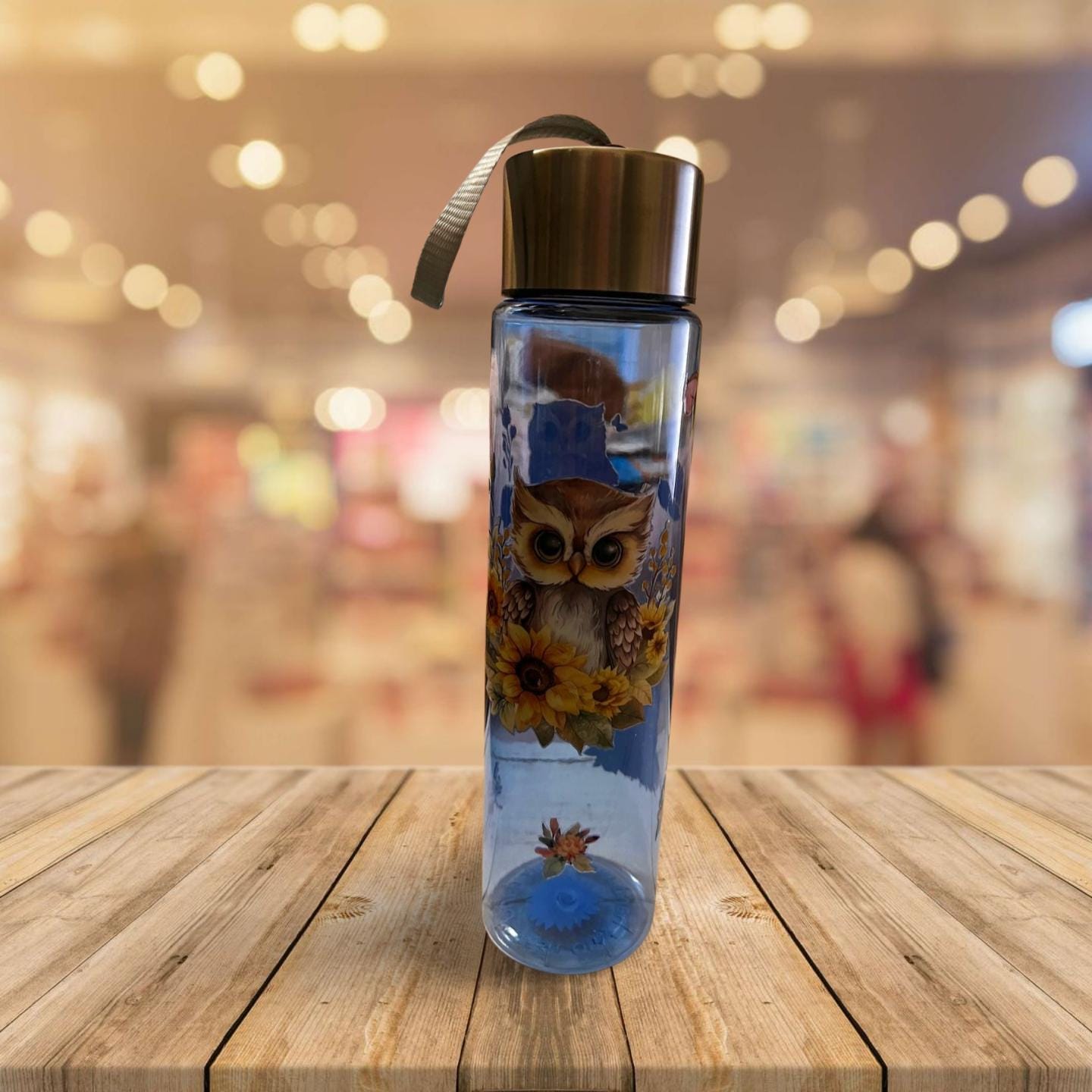 Chic Hydration: 18 oz Clear Blue Plastic Water Bottle- Owl 3