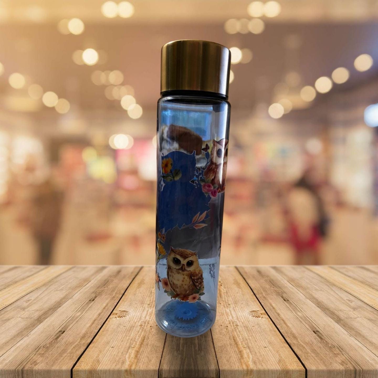 Chic Hydration: 18 oz Clear Blue Plastic Water Bottle- Owl 3