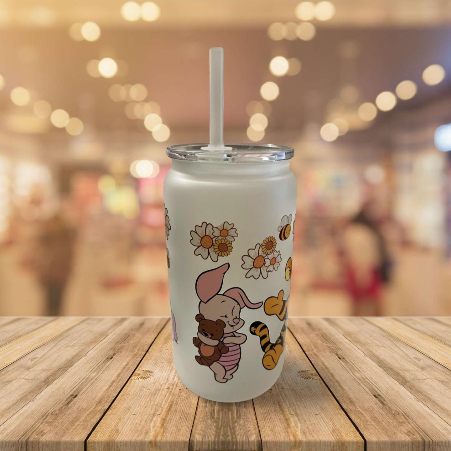 16 oz Frosted Glass Can with Lid and Straw- Winnie the Pooh and friends