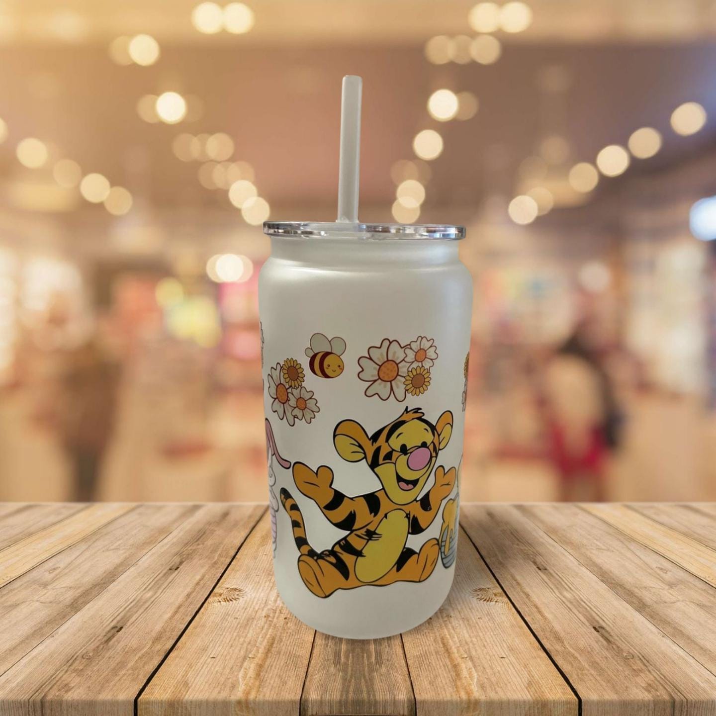 16 oz Frosted Glass Can with Lid and Straw- Winnie the Pooh and friends
