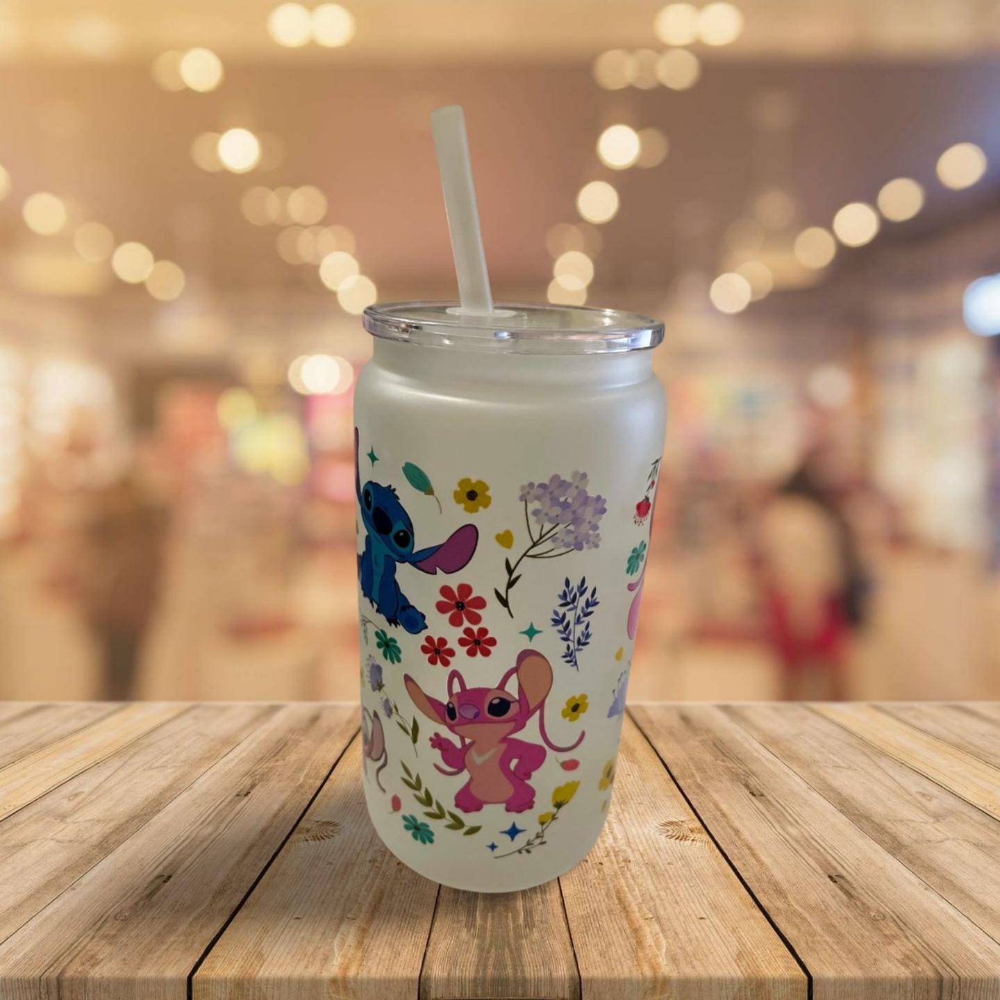 16 oz Frosted Glass Can with Lid and Straw- Stitch and Angel