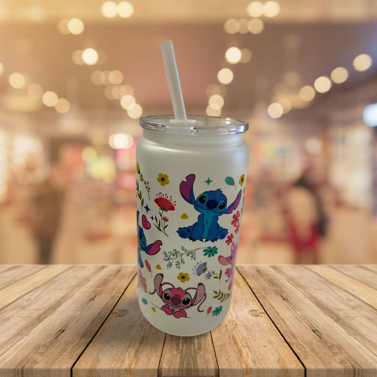 16 oz Frosted Glass Can with Lid and Straw- Stitch and Angel