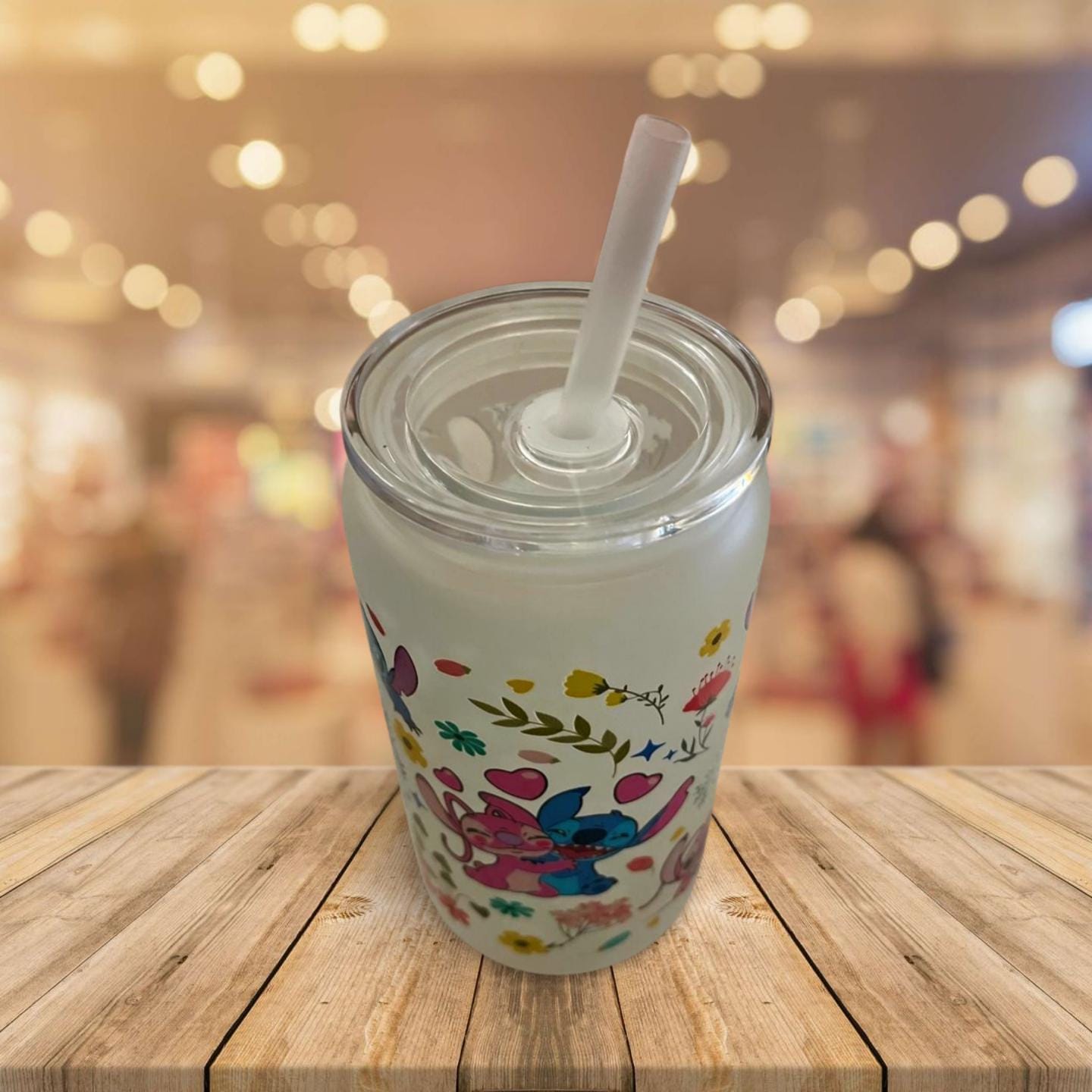 16 oz Frosted Glass Can with Lid and Straw- Stitch and Angel