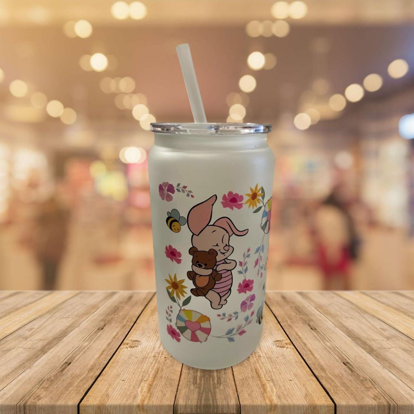 Sophisticated Sips: 16 oz Frosted Glass Can with Lid and Straw- Winnie the pooh