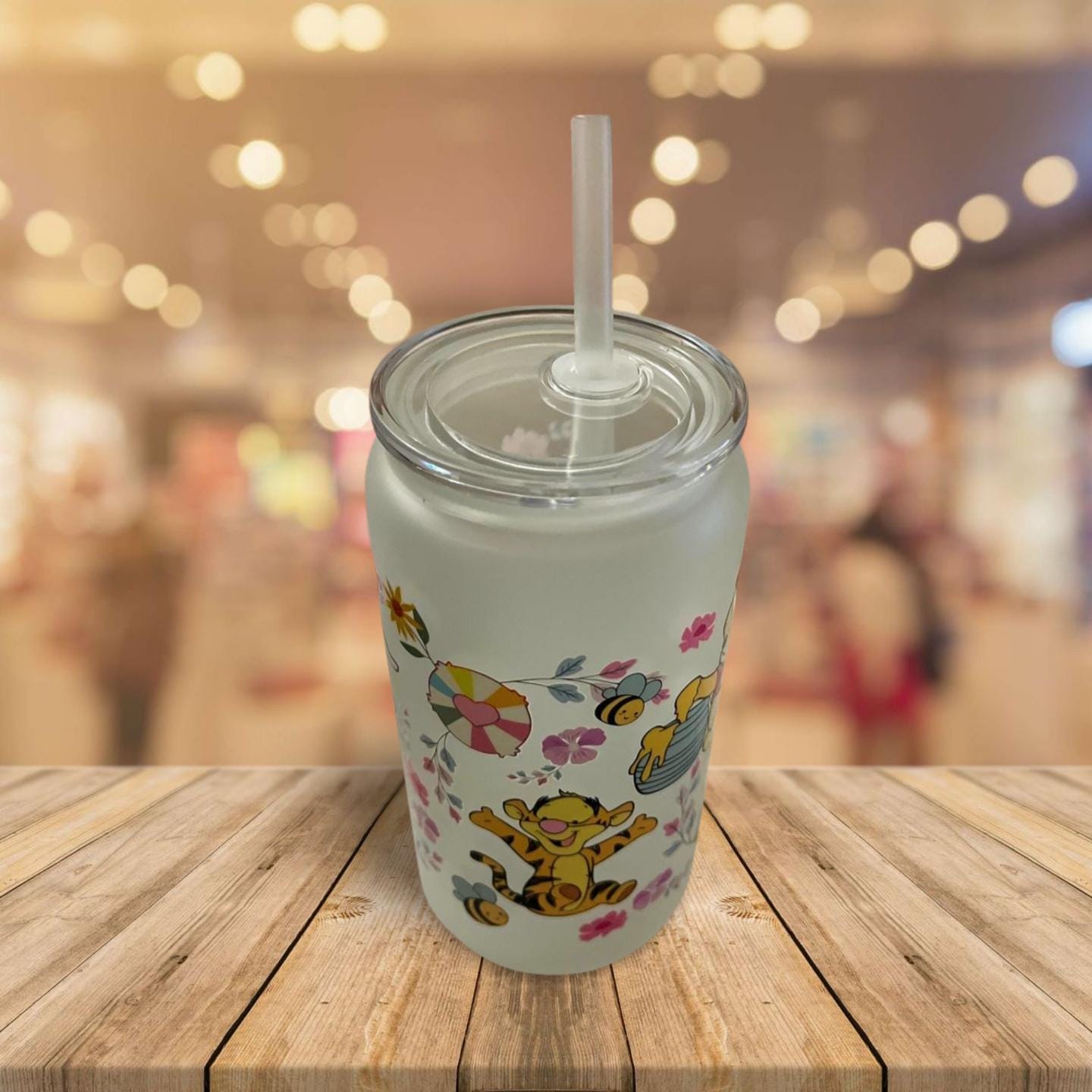 Sophisticated Sips: 16 oz Frosted Glass Can with Lid and Straw- Winnie the pooh