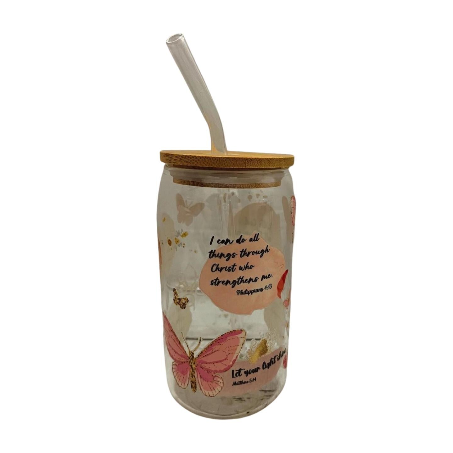 Inspire Your Day: 15 oz Glass Tumbler with Bamboo Lid & Straw