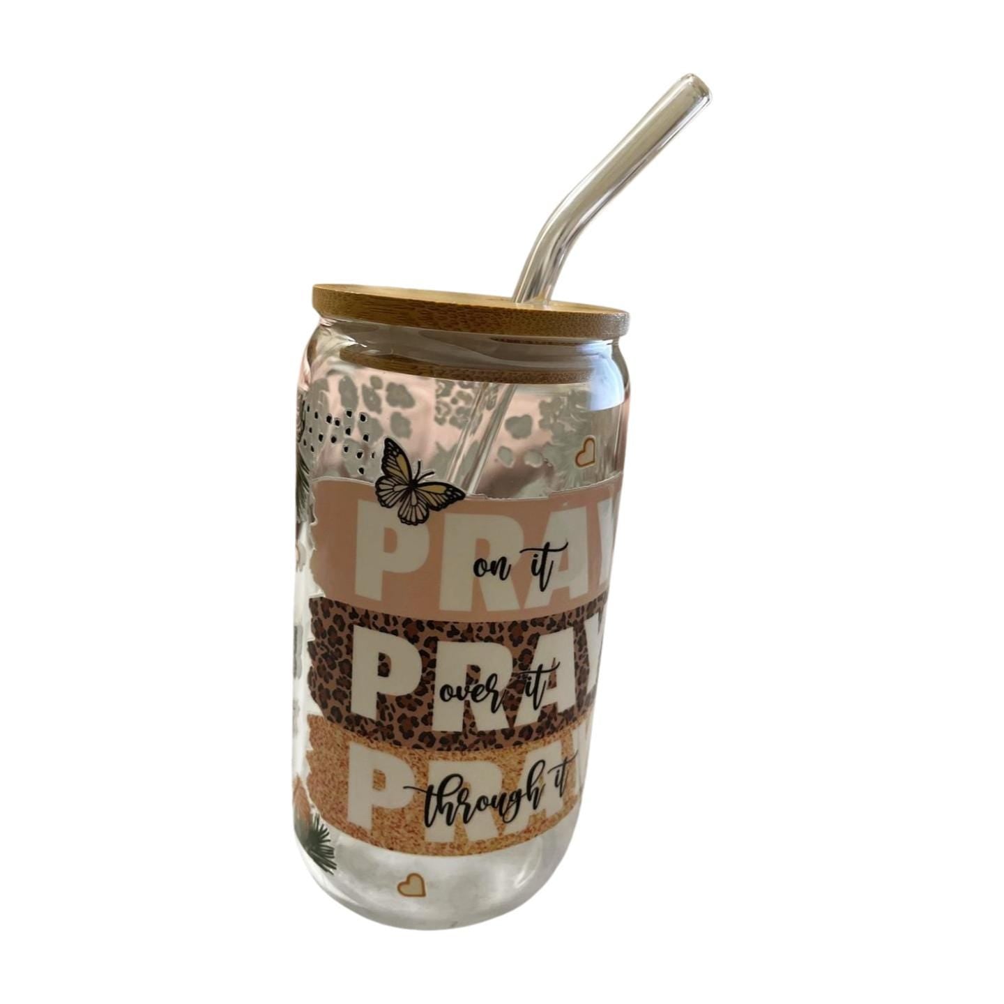 Inspire Your Day: 15 oz Glass Tumbler with Bamboo Lid & Glass Straw- Pray on it, Pray over it