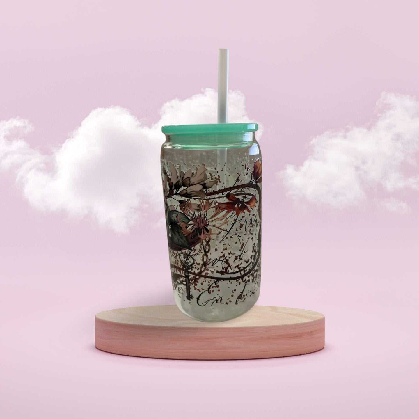 Glass Tumbler with mint green lid 2