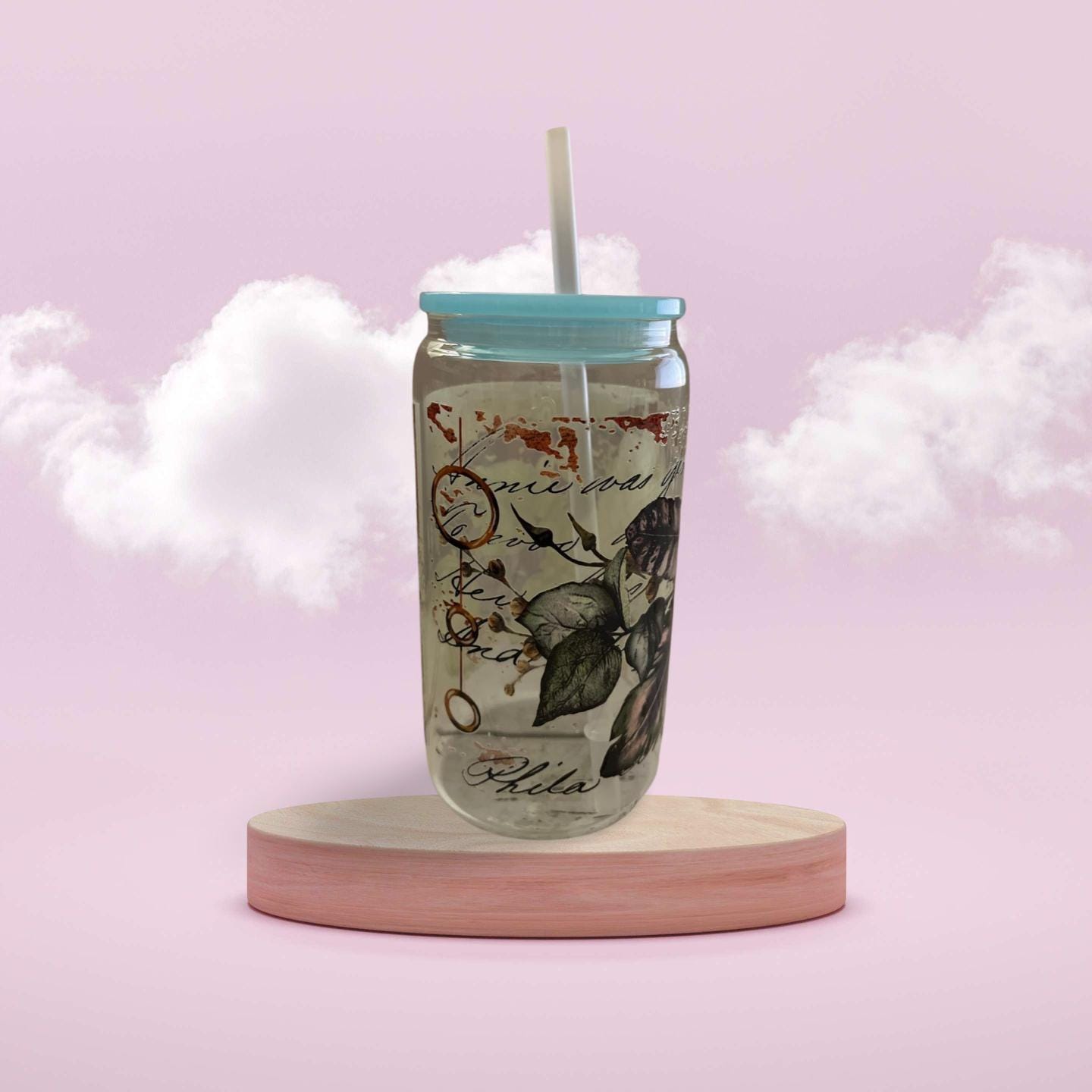 Glass Tumbler with Blue lid and plastic Straw 2