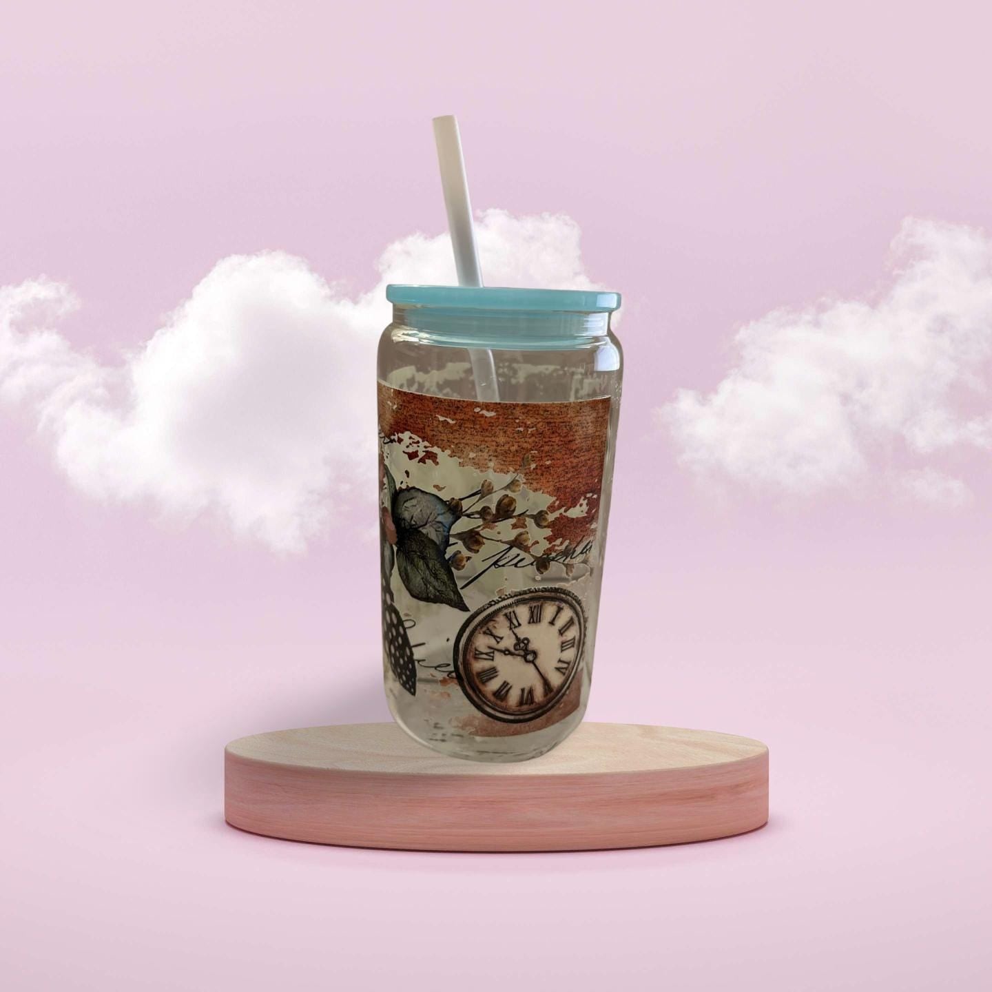 Glass Tumbler with Blue lid and plastic Straw 2