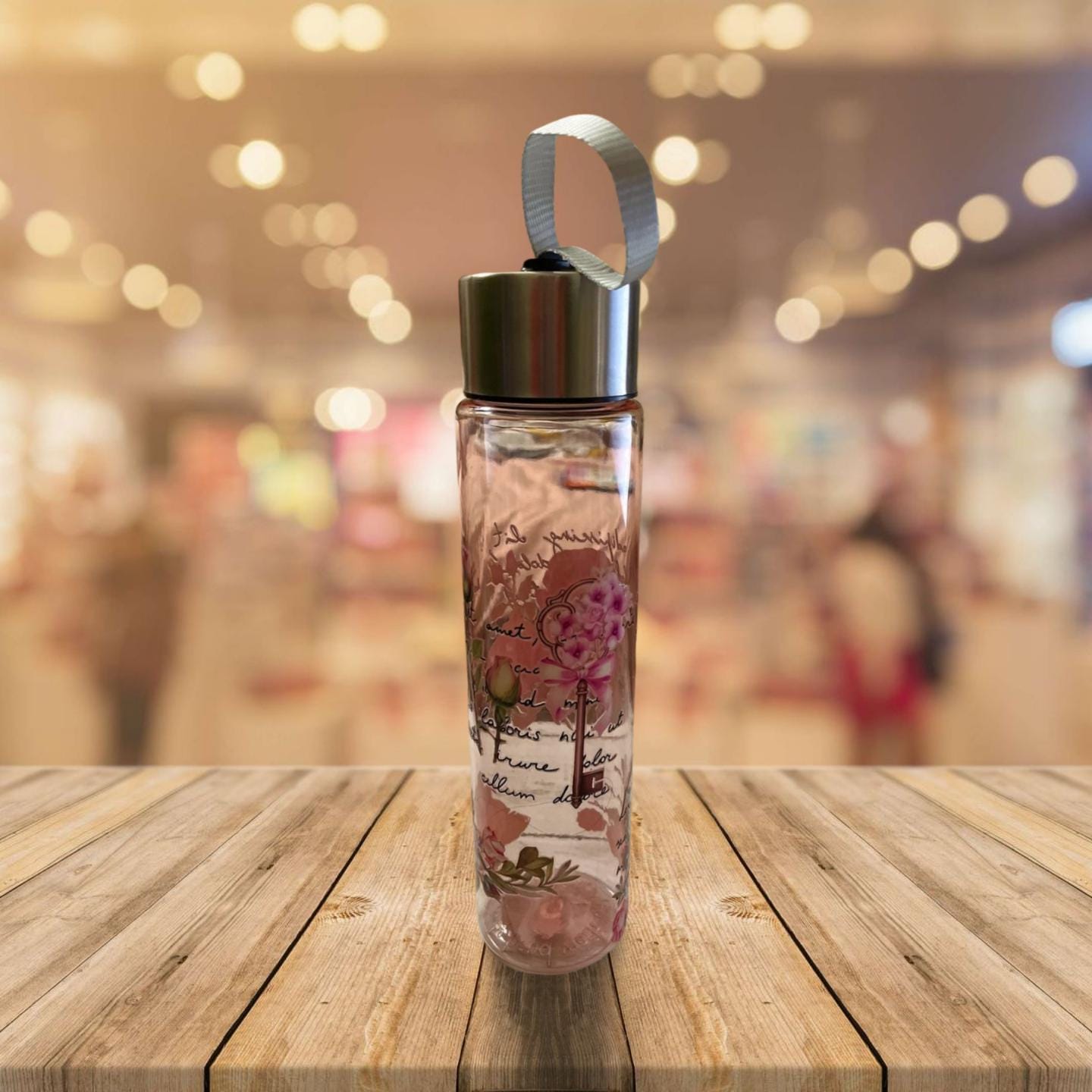 Chic Hydration: 18 oz Clear Pink Plastic Water Bottle- Roses