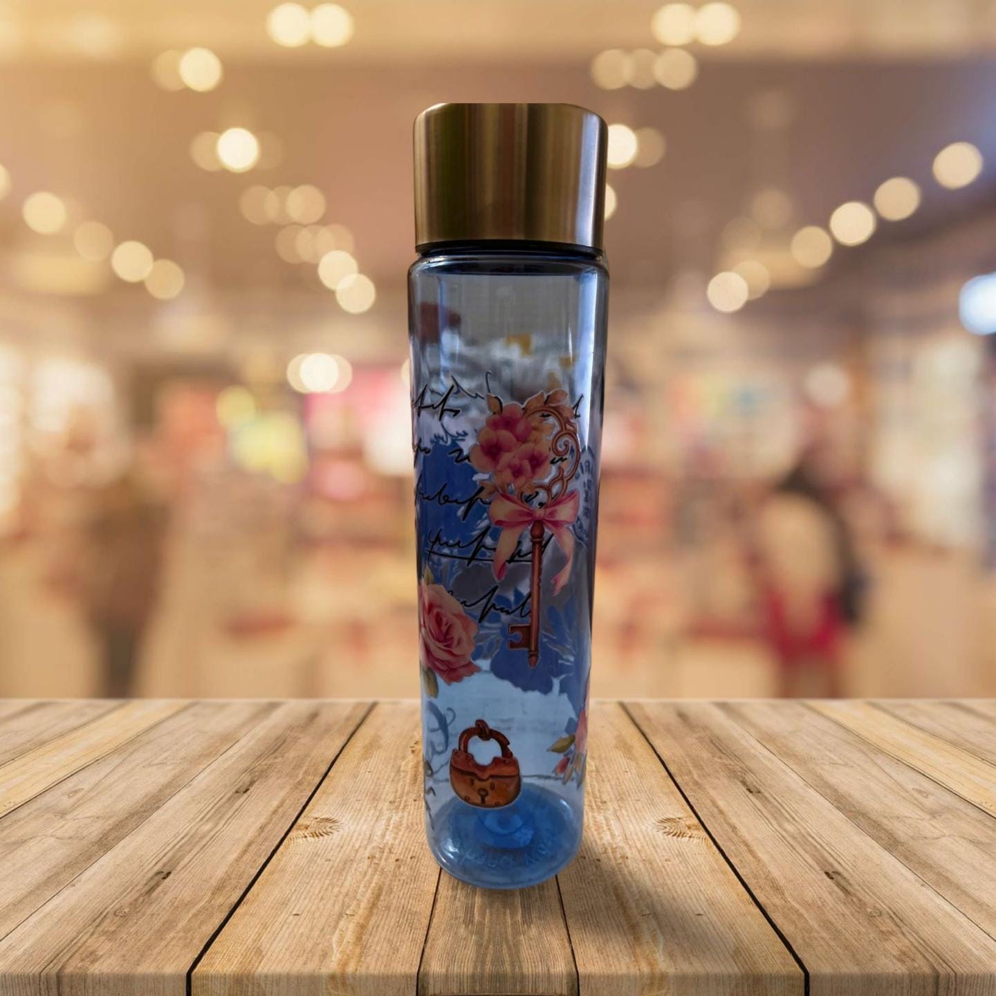 Chic Hydration: 18 oz Clear Blue Plastic Water Bottle- Love