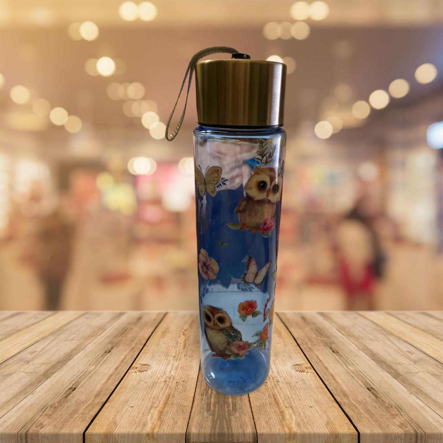 Chic Hydration: 18 oz Clear Blue Plastic Water Bottle- Owl 2