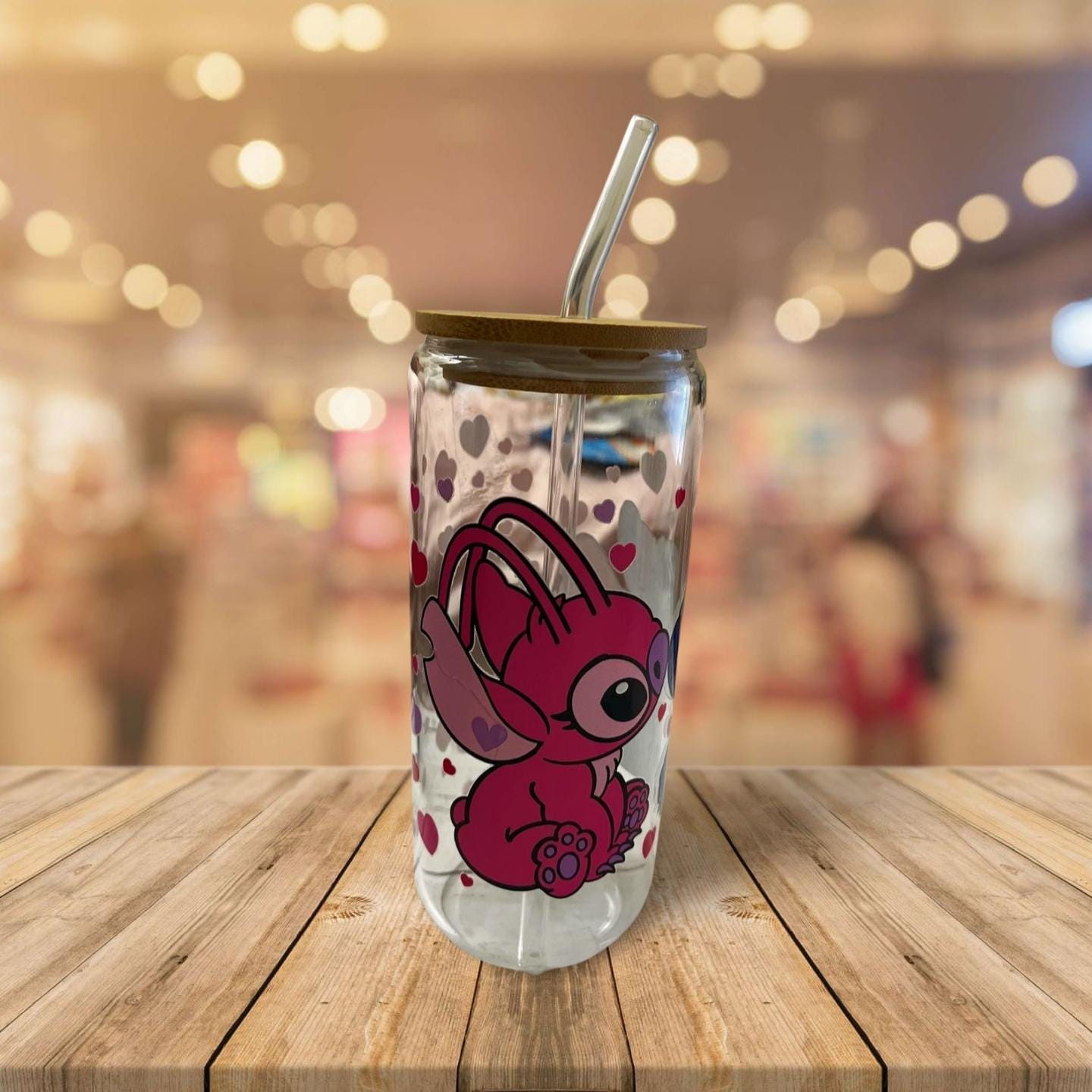 20 oz Clear Glass Cup with Bamboo Lid and Straw- Stitch 2