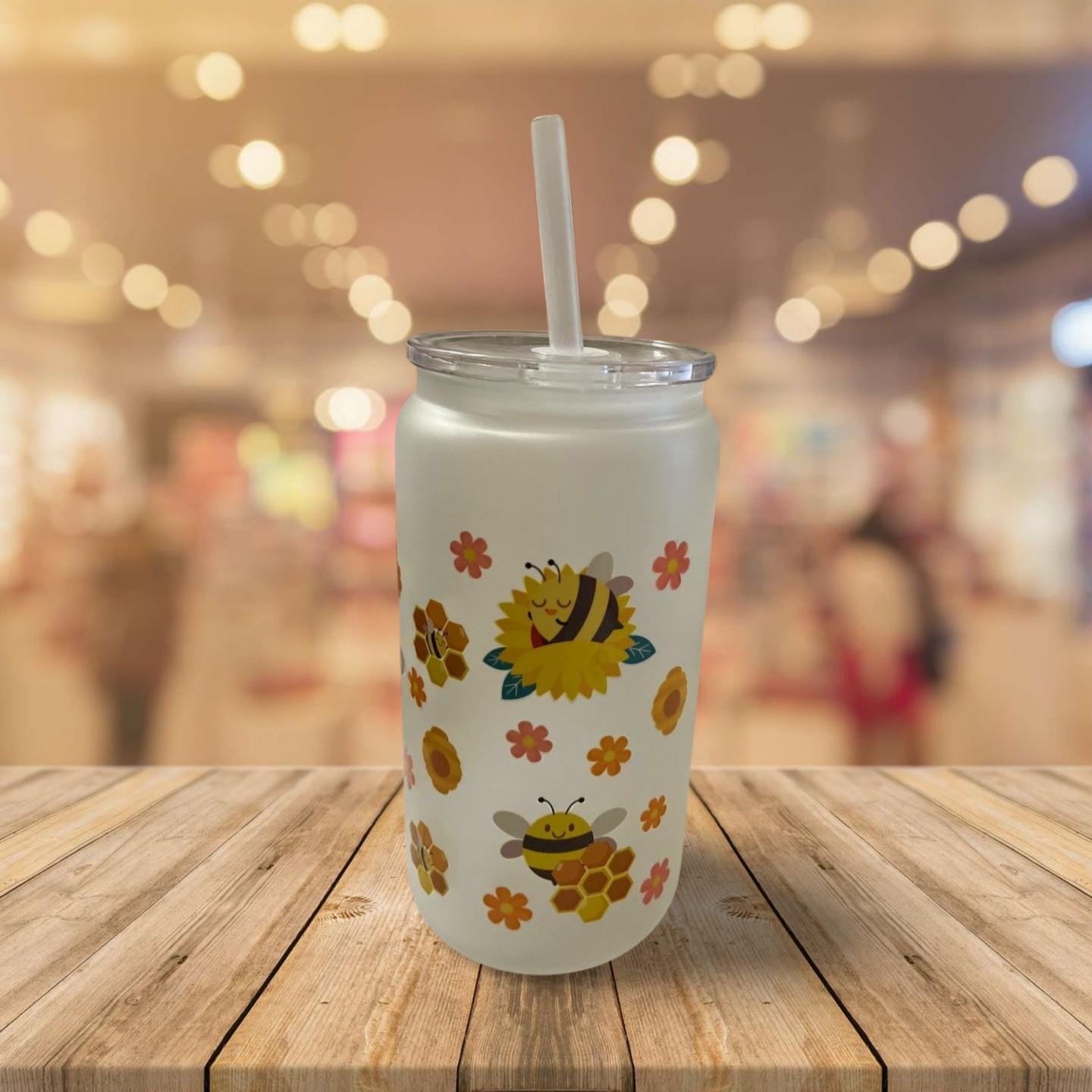 16 oz Frosted Glass Can with Lid and Straw- Flowers and bees