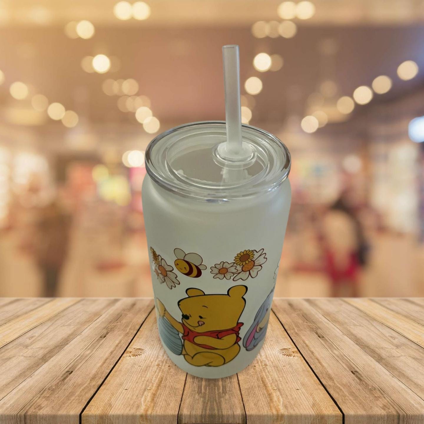 16 oz Frosted Glass Can with Lid and Straw- Winnie the Pooh and friends