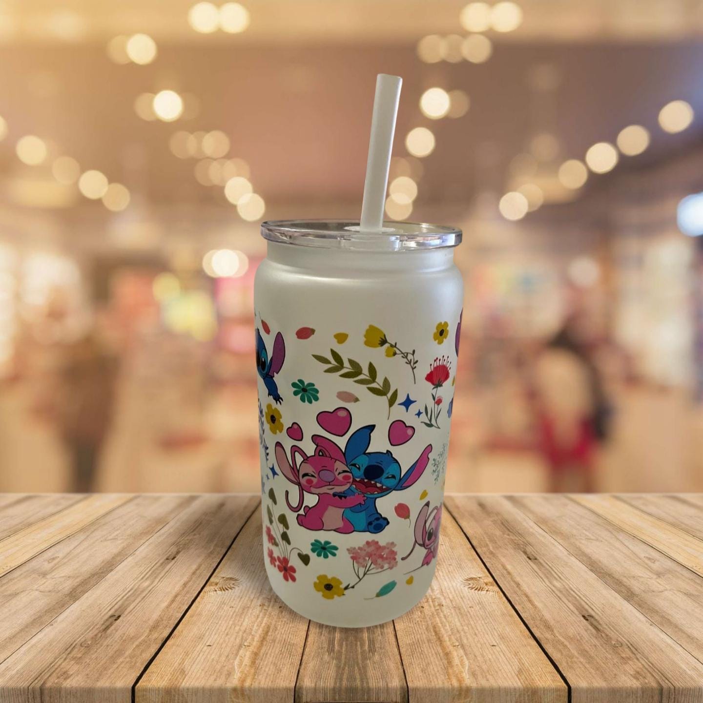 16 oz Frosted Glass Can with Lid and Straw- Stitch and Angel