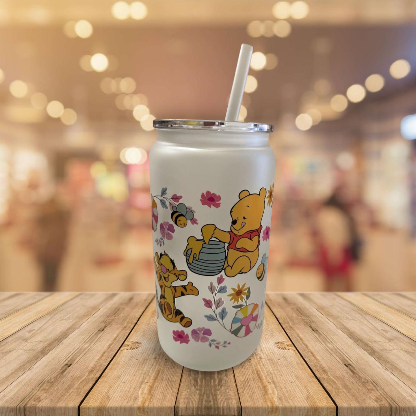Sophisticated Sips: 16 oz Frosted Glass Can with Lid and Straw- Winnie the pooh