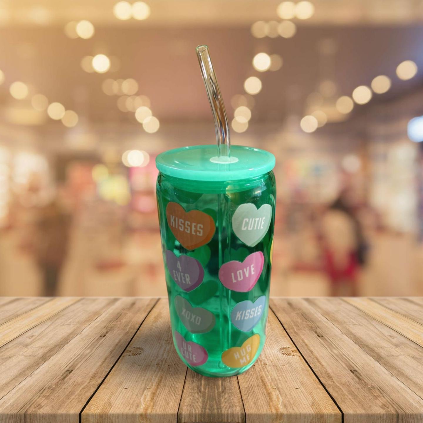 16 oz Sweetheart Candies Clear Green Glass Tumbler with Lid & Straw