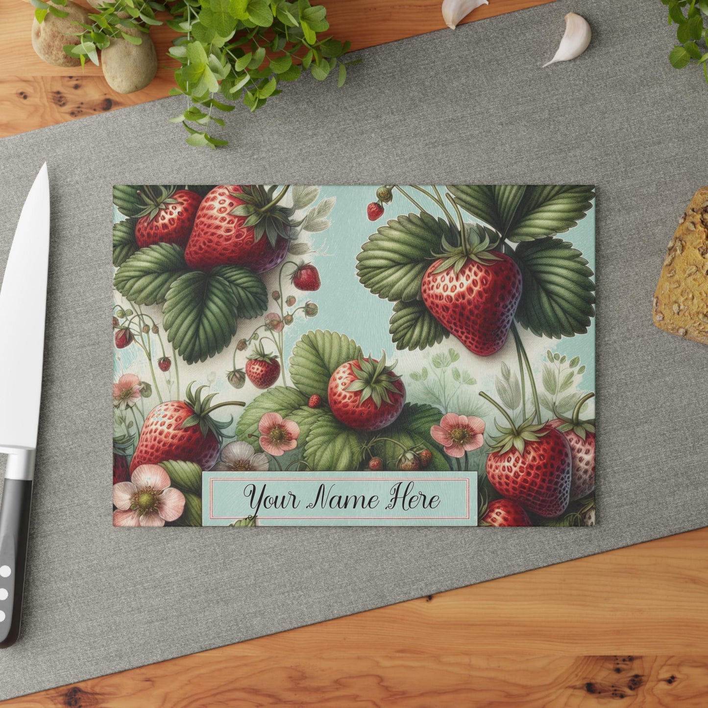 Strawberry Fields Glass Cutting Board – Vibrant, Customizable Kitchen Decor