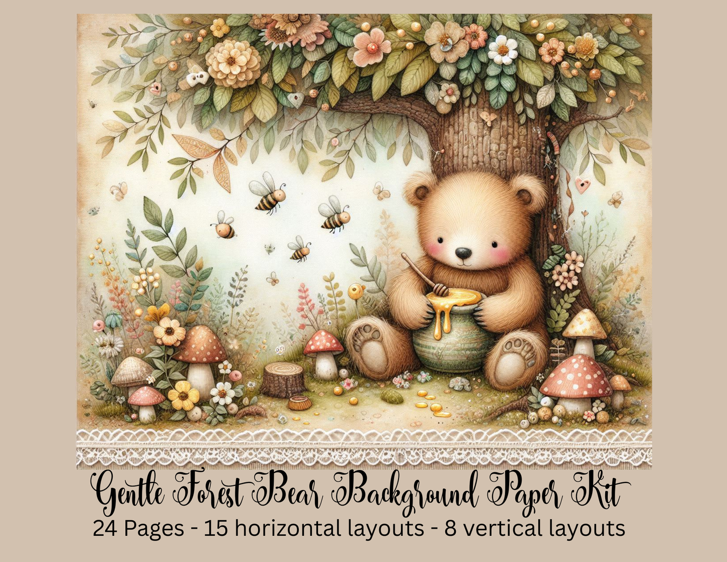 Gentle Forest Bear Background Paper Kit 23 Pages - Digital
