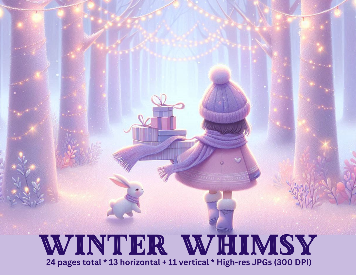 Winter Whimsy Background Paper Kit – Soft Lavender Forest & Gift-Gathering Girl (Digital Kit)