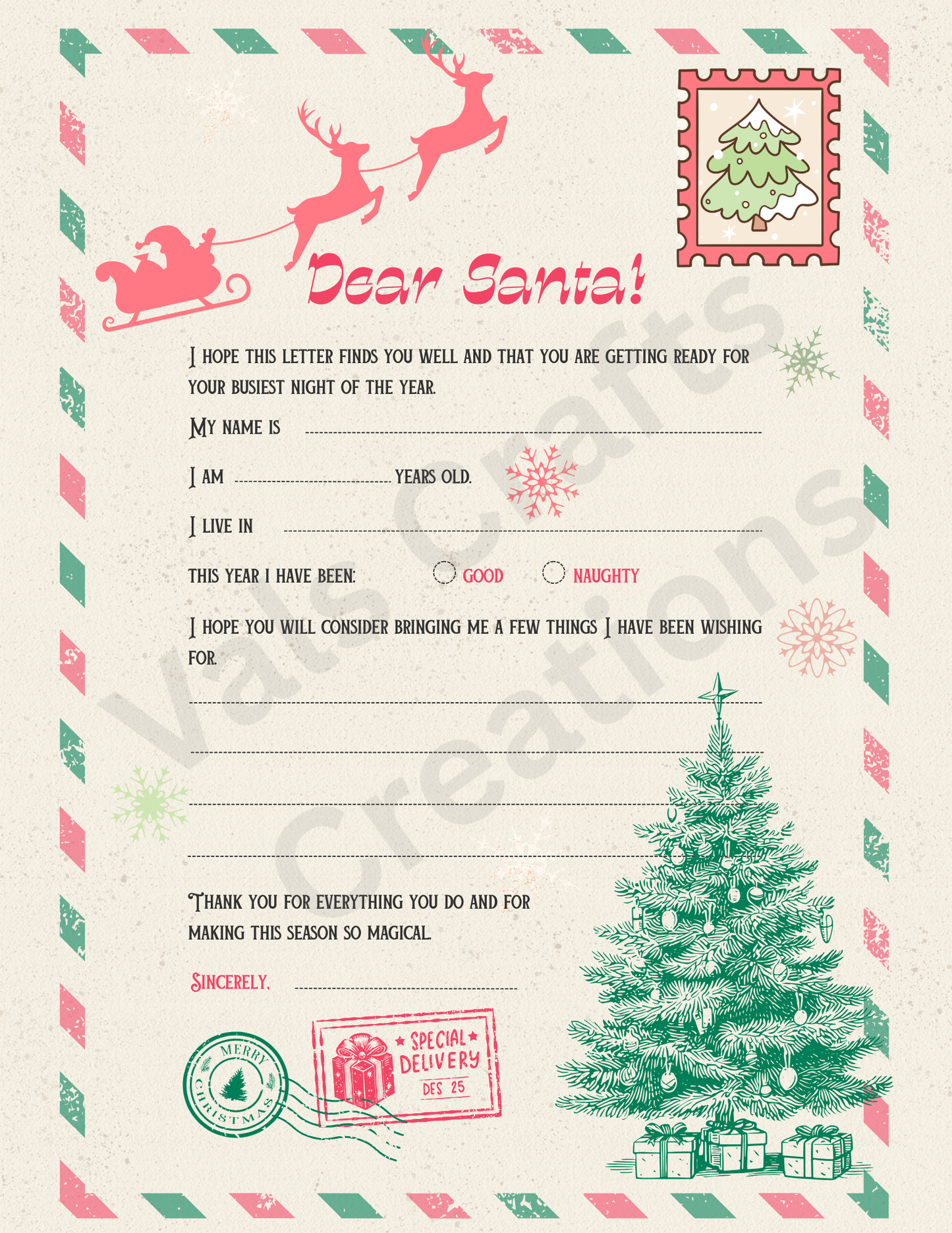 Dear Santa Letter Kit – Printable • 2 Pages + Envelope • Christmas Stationery