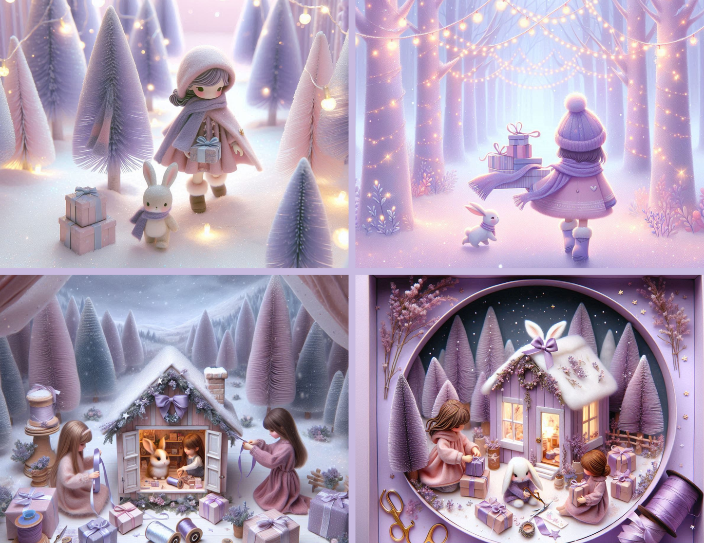 Winter Whimsy Background Paper Kit – Soft Lavender Forest & Gift-Gathering Girl (Physical)