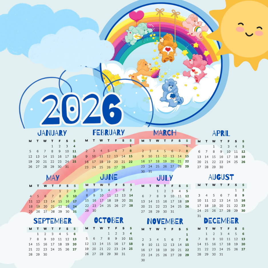 Rainbow Bears 2026 Magnet Calendar – Pastel Fridge Decor in 3 Sizes