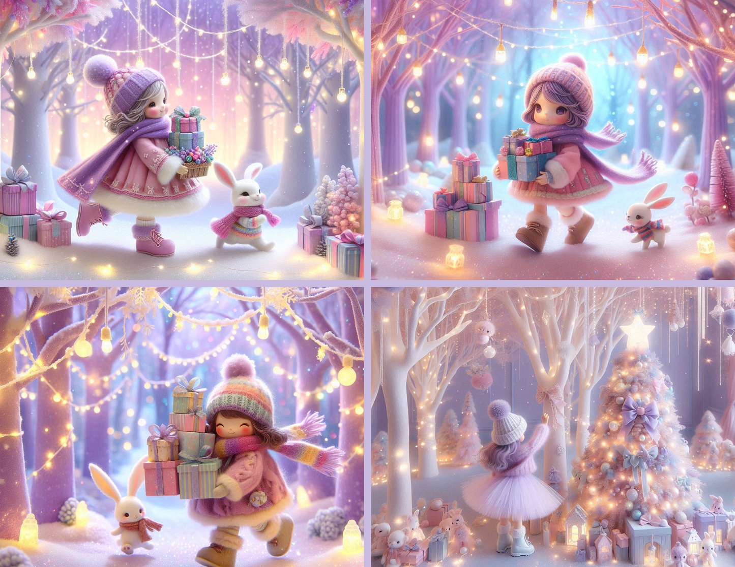 Winter Whimsy Background Paper Kit – Soft Lavender Forest & Gift-Gathering Girl (Digital Kit)