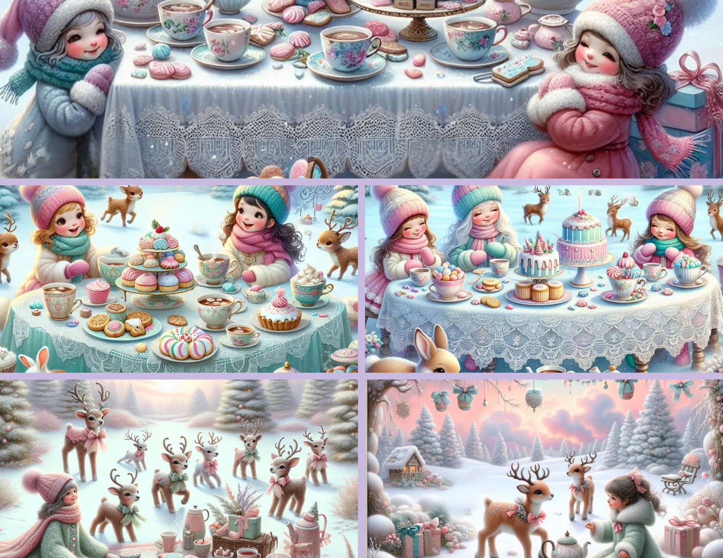 Winter Whimsy Background Paper Kit – Soft Lavender Forest & Gift-Gathering Girl (Digital Kit)