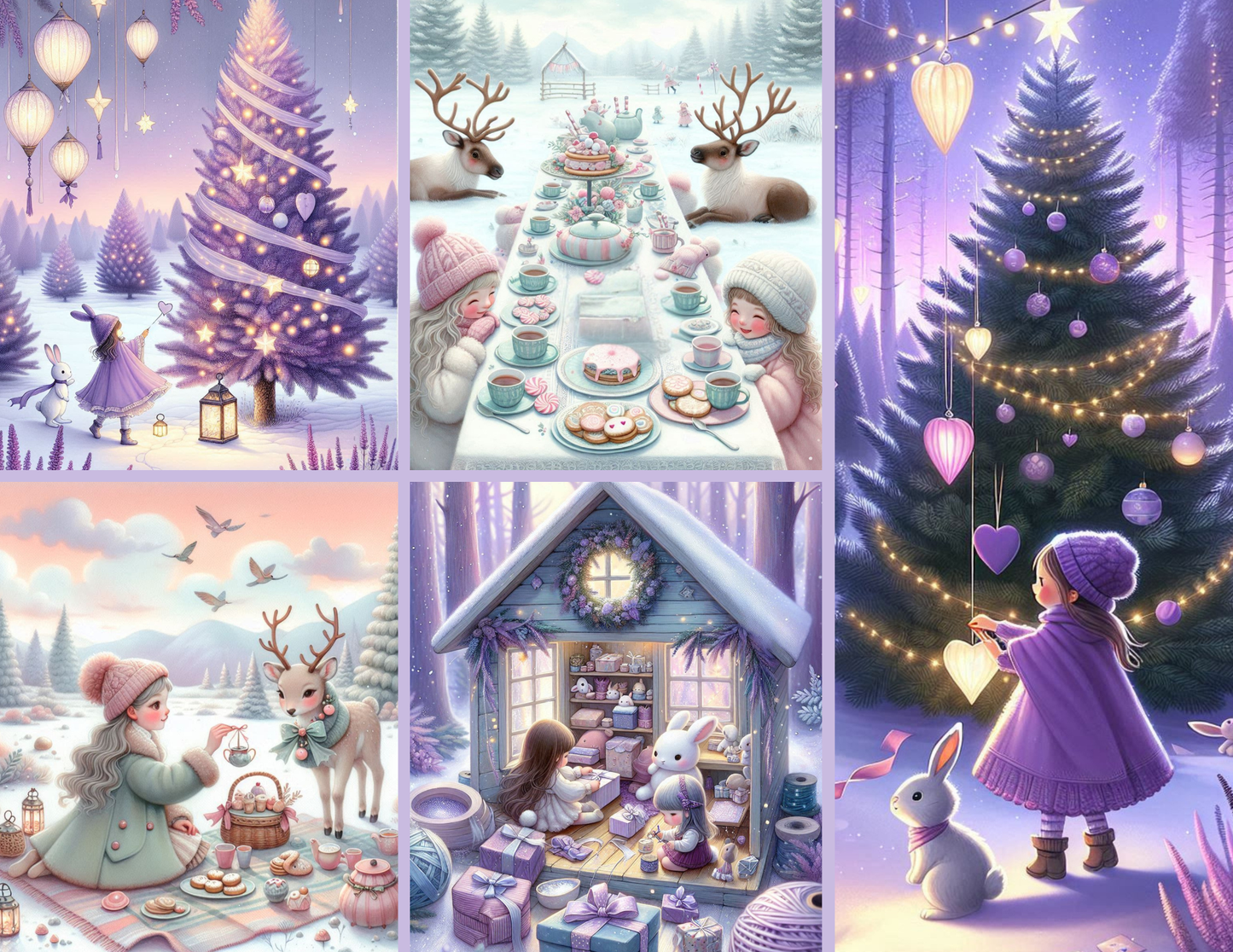 Winter Whimsy Background Paper Kit – Soft Lavender Forest & Gift-Gathering Girl (Physical)