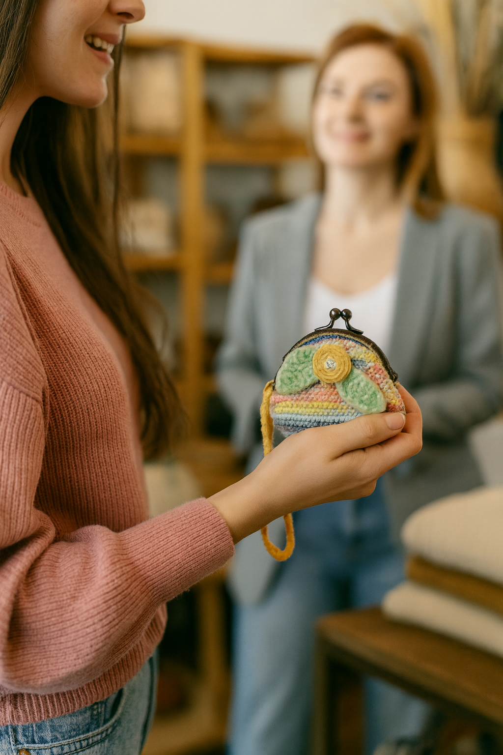 Multicolor Crochet Coin Purse with Floral Design • Handmade with Clasp Frame & Crocheted Handle