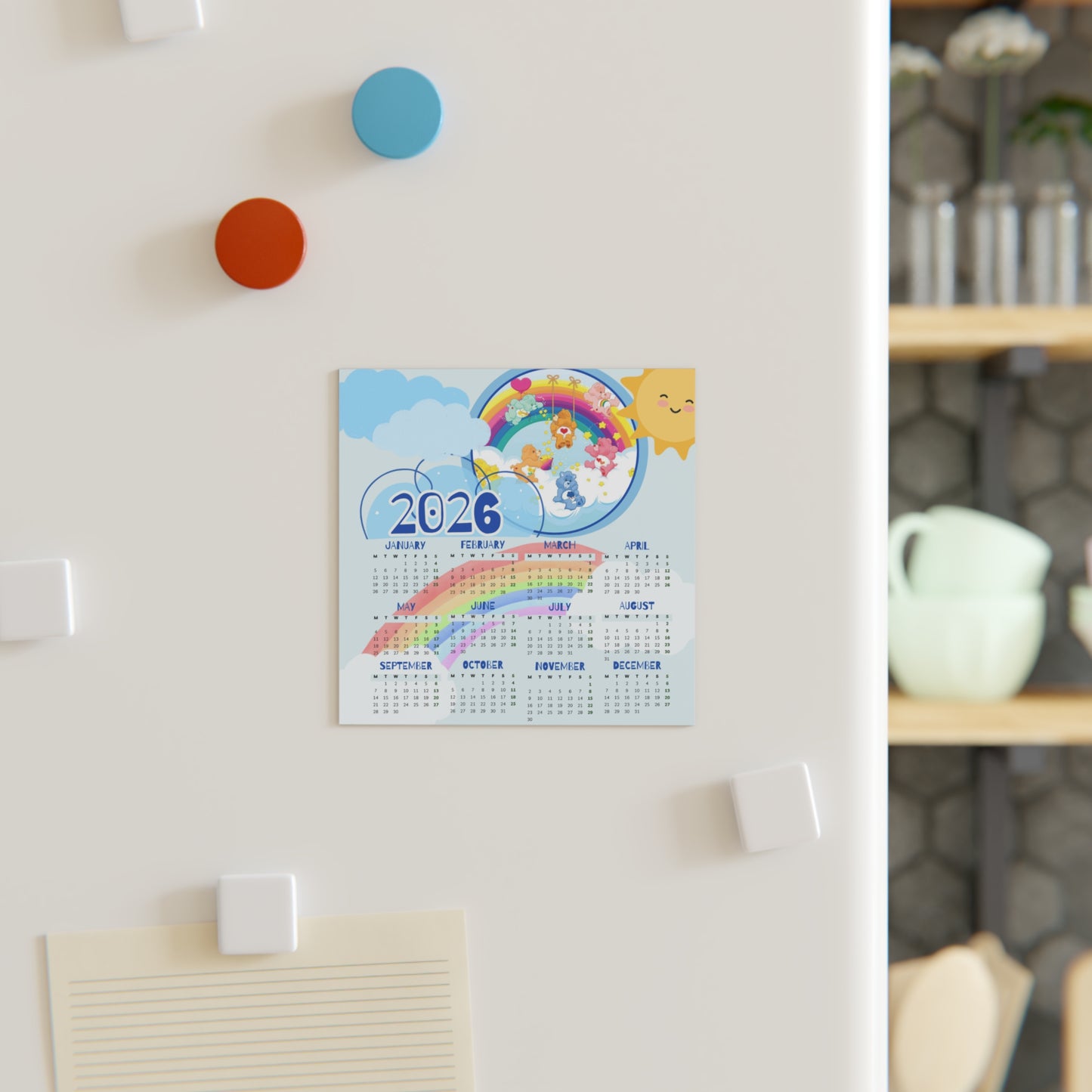 Rainbow Bears 2026 Magnet Calendar – Pastel Fridge Decor in 3 Sizes