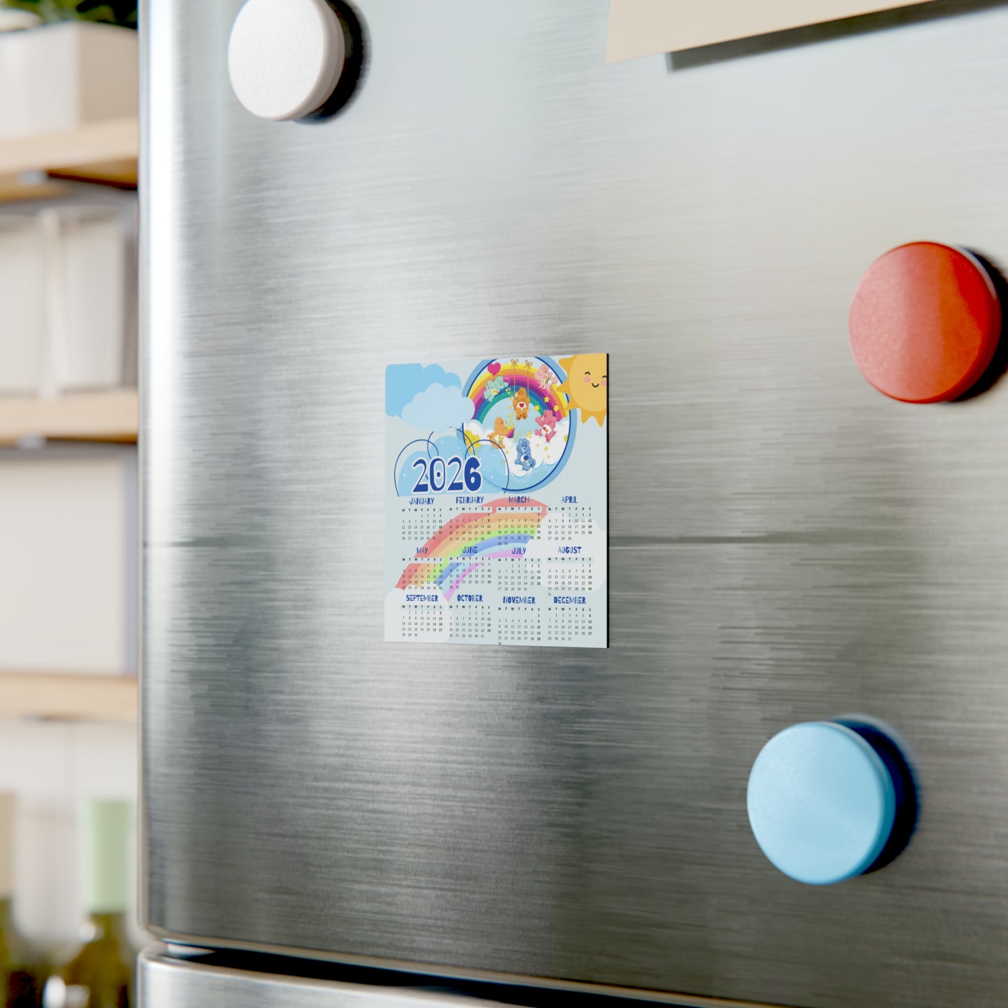 Rainbow Bears 2026 Magnet Calendar – Pastel Fridge Decor in 3 Sizes