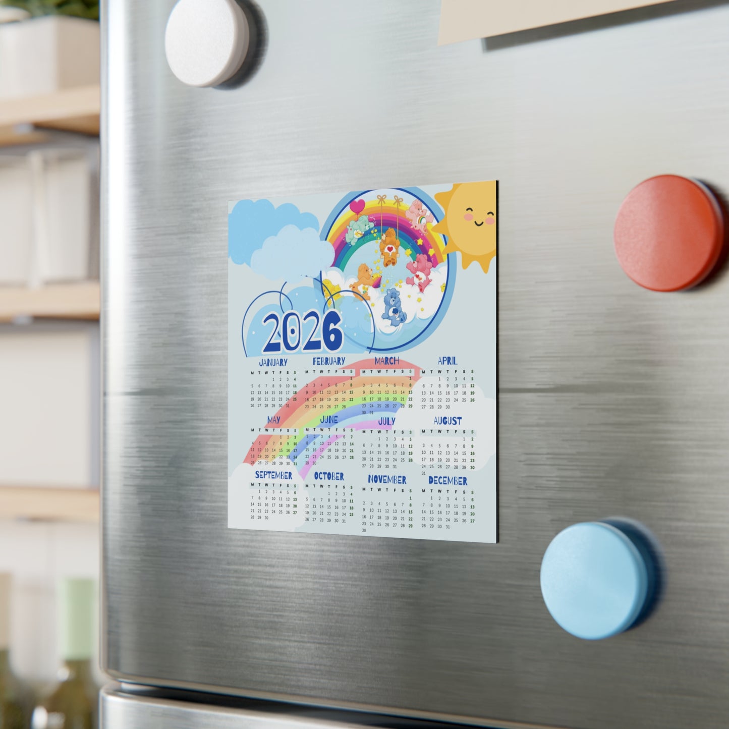 Rainbow Bears 2026 Magnet Calendar – Pastel Fridge Decor in 3 Sizes