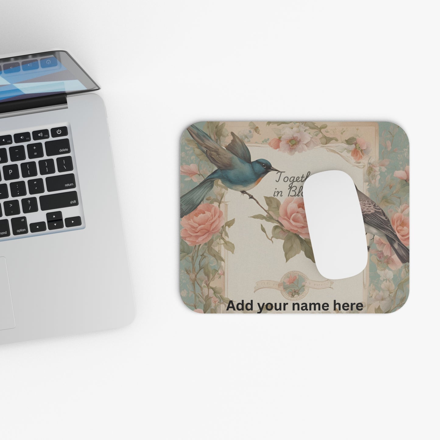 Together in Bloom – Soft Pastel Floral Mouse Pad with Birds