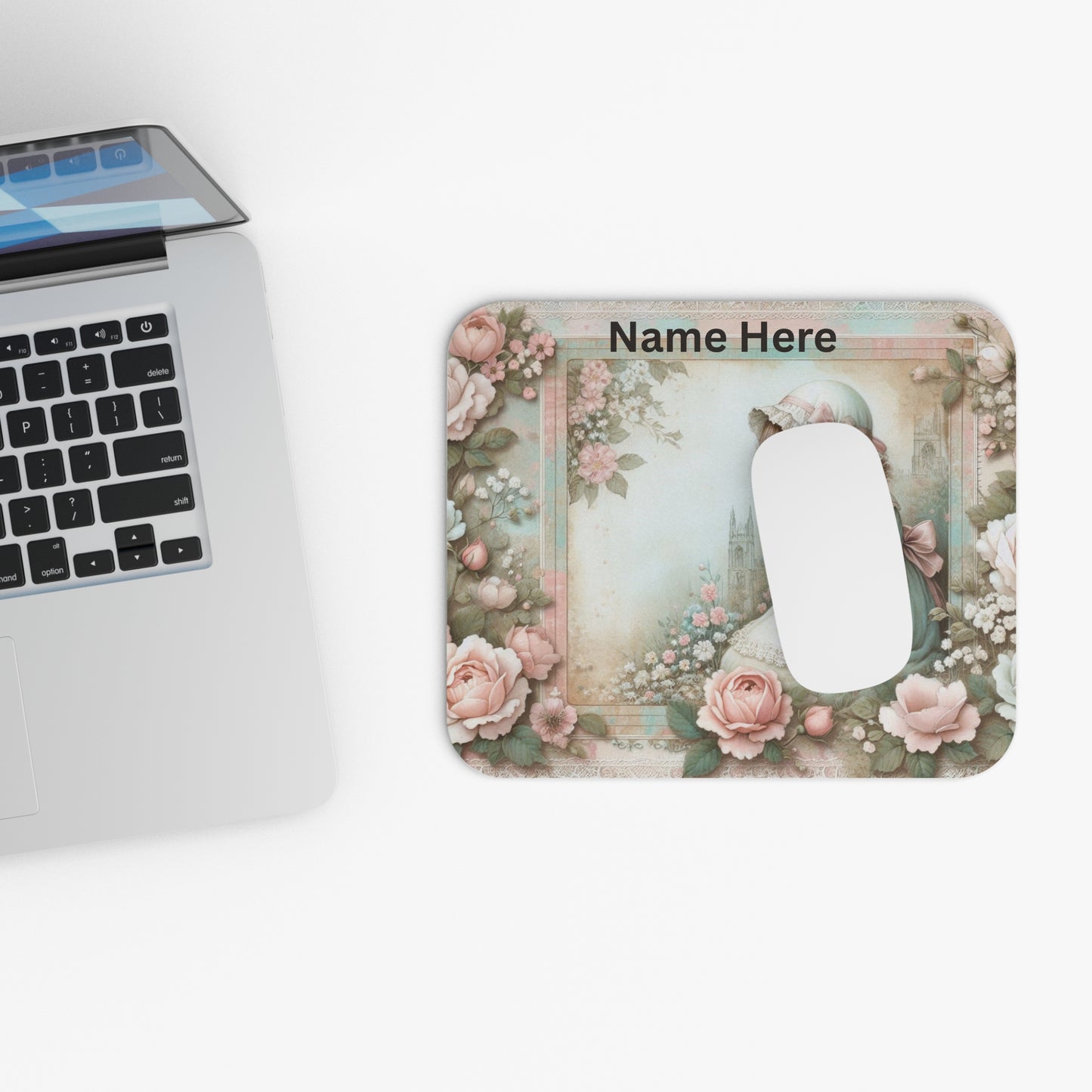 Devotional Mouse Pad – Prayerful Cottage Garden Scene with Floral Trim & Pastel Wash