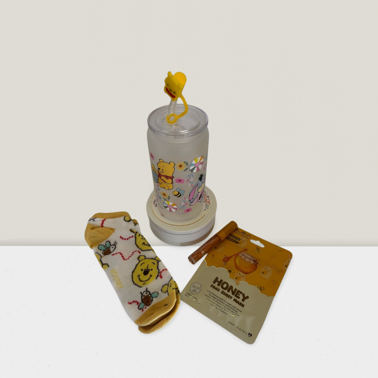 Honey Bear Sip & Care Bundle – Frosted Glass Tumbler + Sweet Self-Care Treats