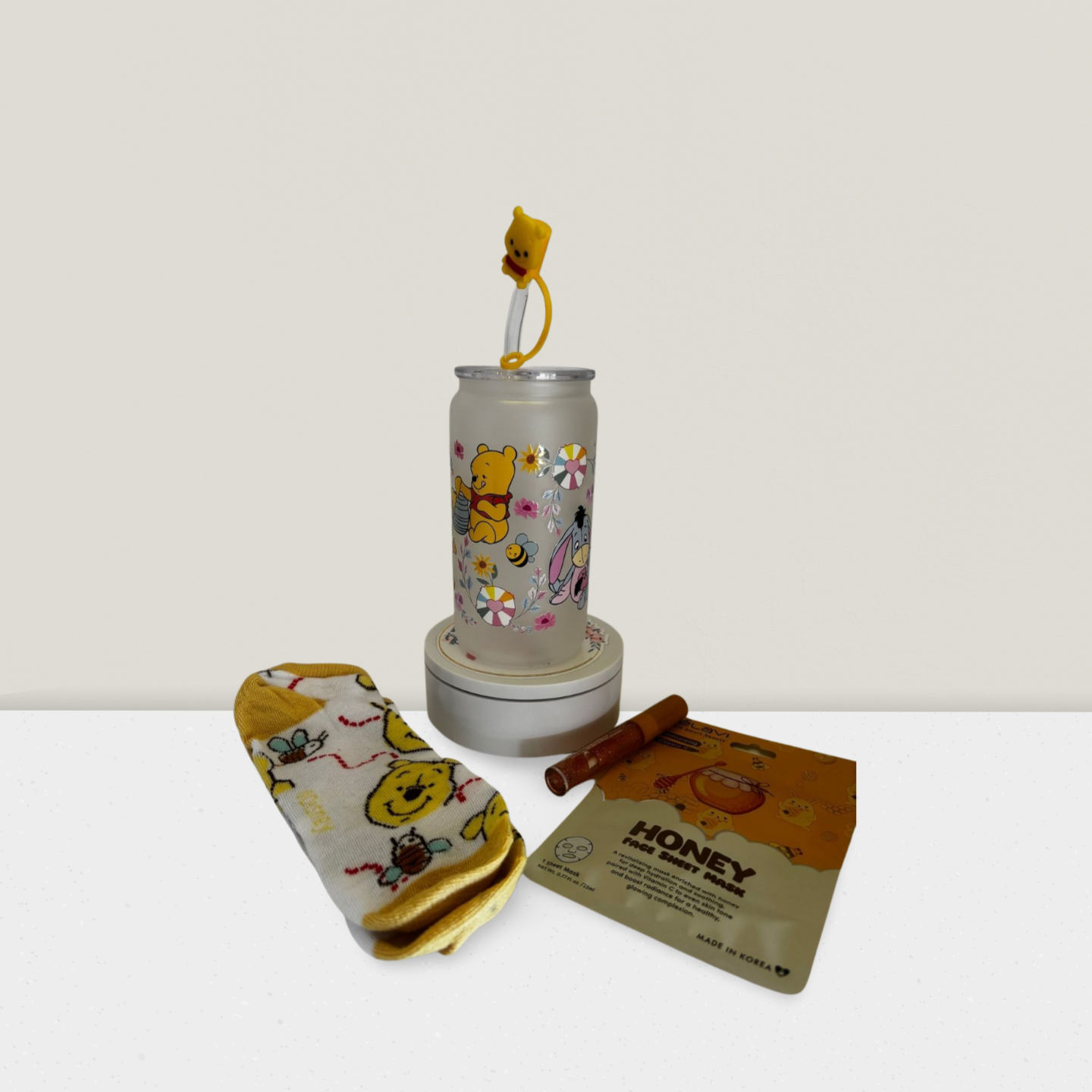 Honey Bear Sip & Care Bundle – Frosted Glass Tumbler + Sweet Self-Care Treats