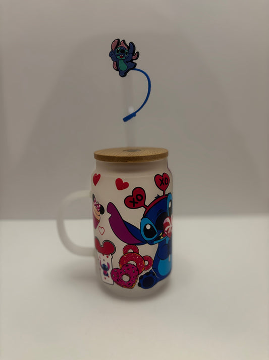 Blue Space Buddy Handled Tumbler – 16 oz Frosted Glass with Bamboo Lid & Straw