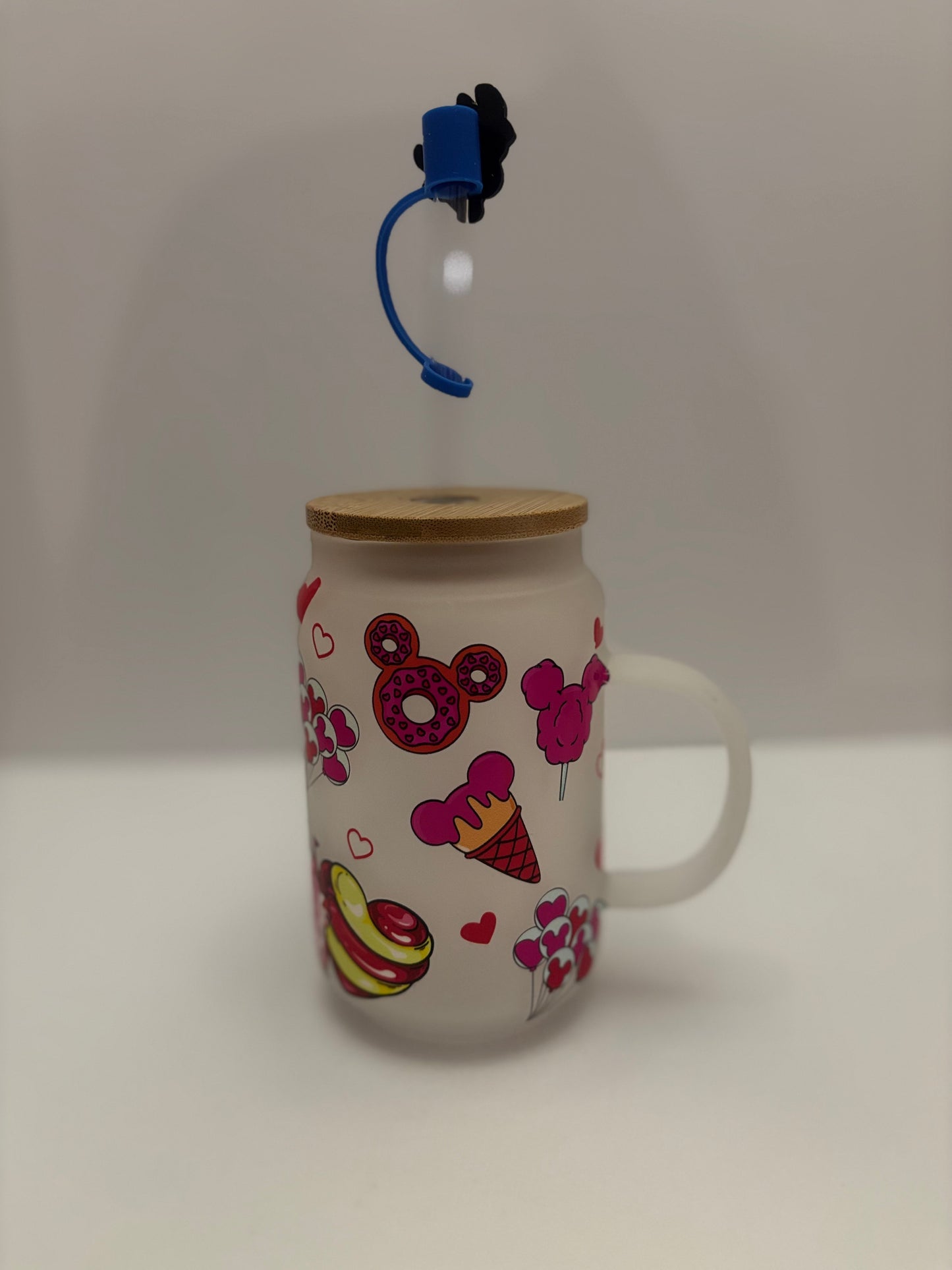 Blue Space Buddy Handled Tumbler – 16 oz Frosted Glass with Bamboo Lid & Straw